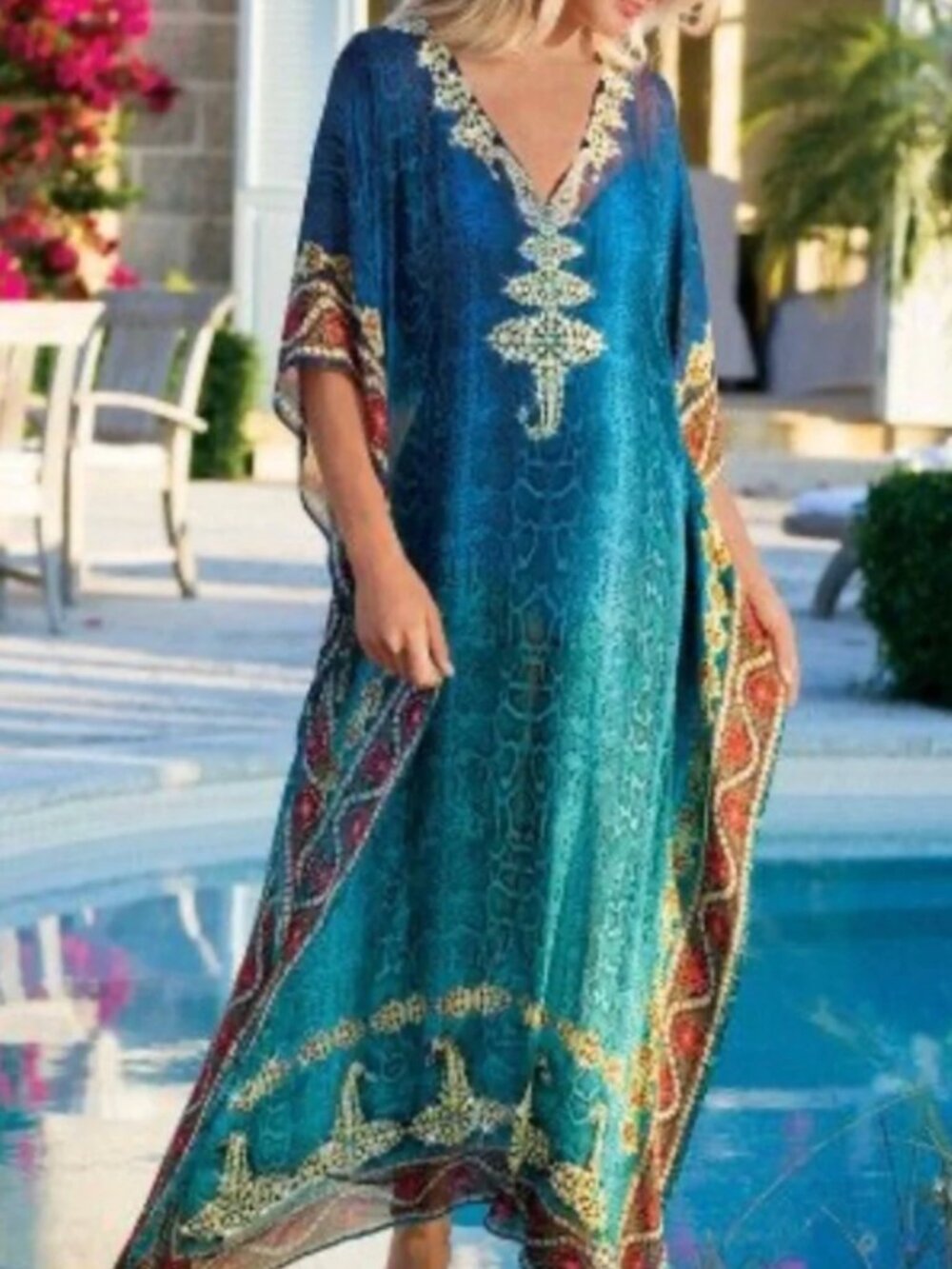 Soft Surroundings Blue Snake Print Caftan Jeweled Rayon O/S Style 56703 NWT
